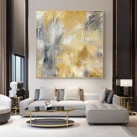 Yellow Gray Hand Painted Abstract Oil Canvas Painting Gold Wall Art Picture For Living Room Bedroom Home Decor  - 70x70cm