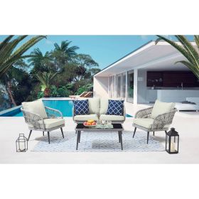 Manhattan Comfort Riviera Rope Wicker 4-Piece 4 Seater Patio Conversation Set with Cushions in Cream - Default Title