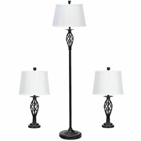 2 Table Lamps 1 Floor Lamp Set with Fabric Shades - as show