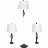 2 Table Lamps 1 Floor Lamp Set with Fabric Shades - Black & White