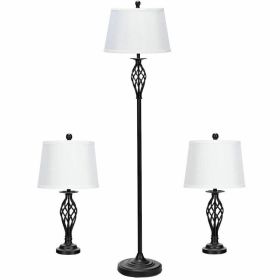 2 Table Lamps 1 Floor Lamp Set with Fabric Shades - Black & White