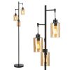 Retro Floor Lamp with 3-Head Hanging Amber Glass Shade - Black