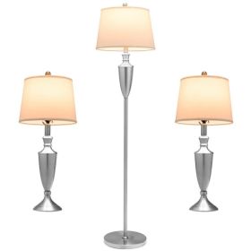 3 Piece Lamp with Set Modern Floor Lamp and 2 Table Lamps - Silver