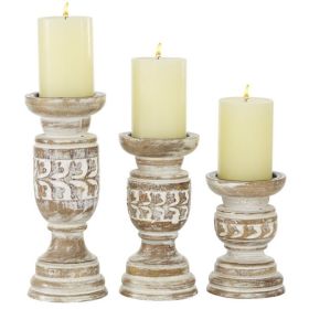 DecMode Country Carved Wood Candle Holder with Light Brown/Whitewashed Finish, Set of 3 6", 8", 10"H - DecMode