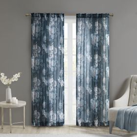 Printed Floral Rod Pocket and Back Tab Voile Sheer Curtain - as Pic